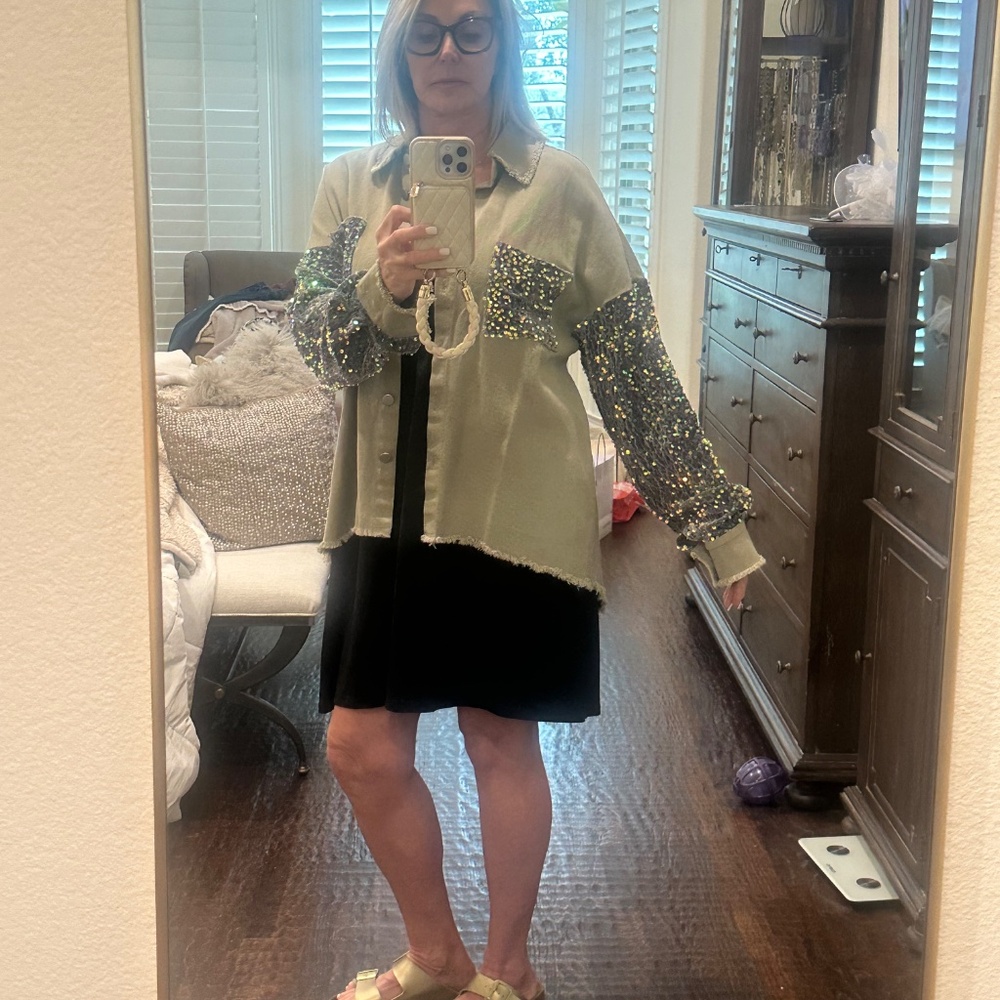 ChicMe Oversized Khaki & Sequin Button Down Shirt-Size S - Picture 12 of 12